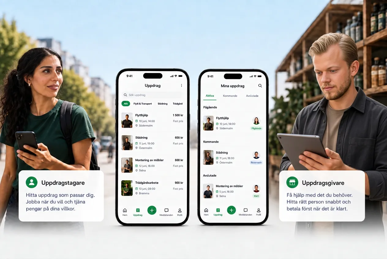 En uppdragstagare och en uppdragsgivare använder Giggera-appen på varsin mobil